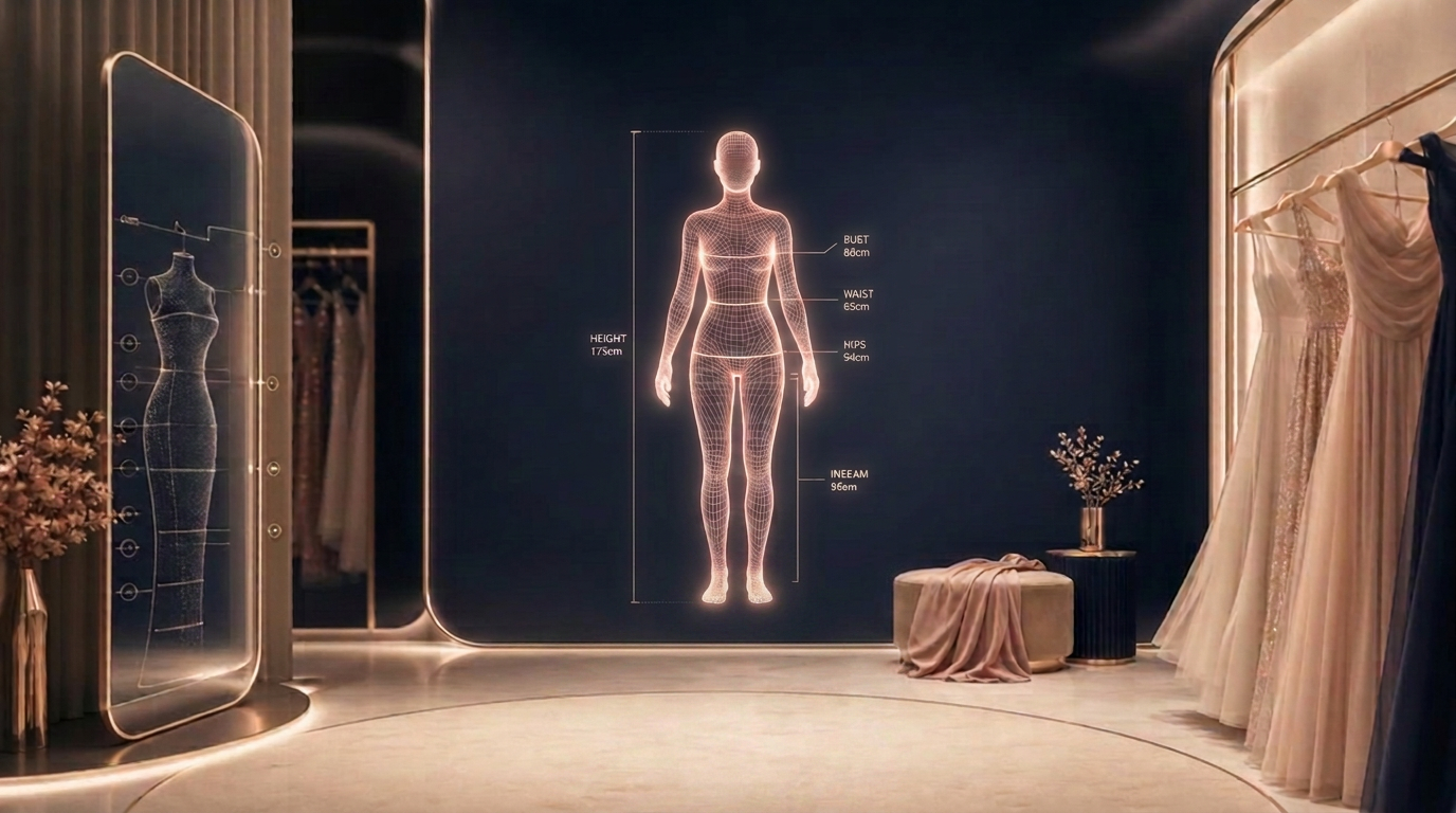 A glowing body-measurement silhouette with bust, waist, hip and height measurements projected on the wall of a modern fitting room